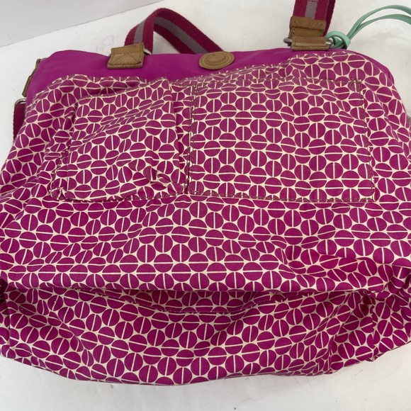 Fossil Key-Per Tote Bag Large Pink Canvas Leather Stripe Barbiecore Carry All - Picture 8 of 14